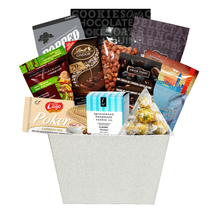 With an array of goodies ranging from popcorn, nuts and cookies, to Lindt Lindor balls and chocolate bars, all packed in a metallic silver container -- this gift basket has something to offer any recipient.