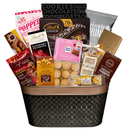 Consdier this gift basket to be the perfect surprise for any and all recipients. Filled with the highest standard of chocolate and sweet treats, this gift is sure to bring a smile on any occasion. 